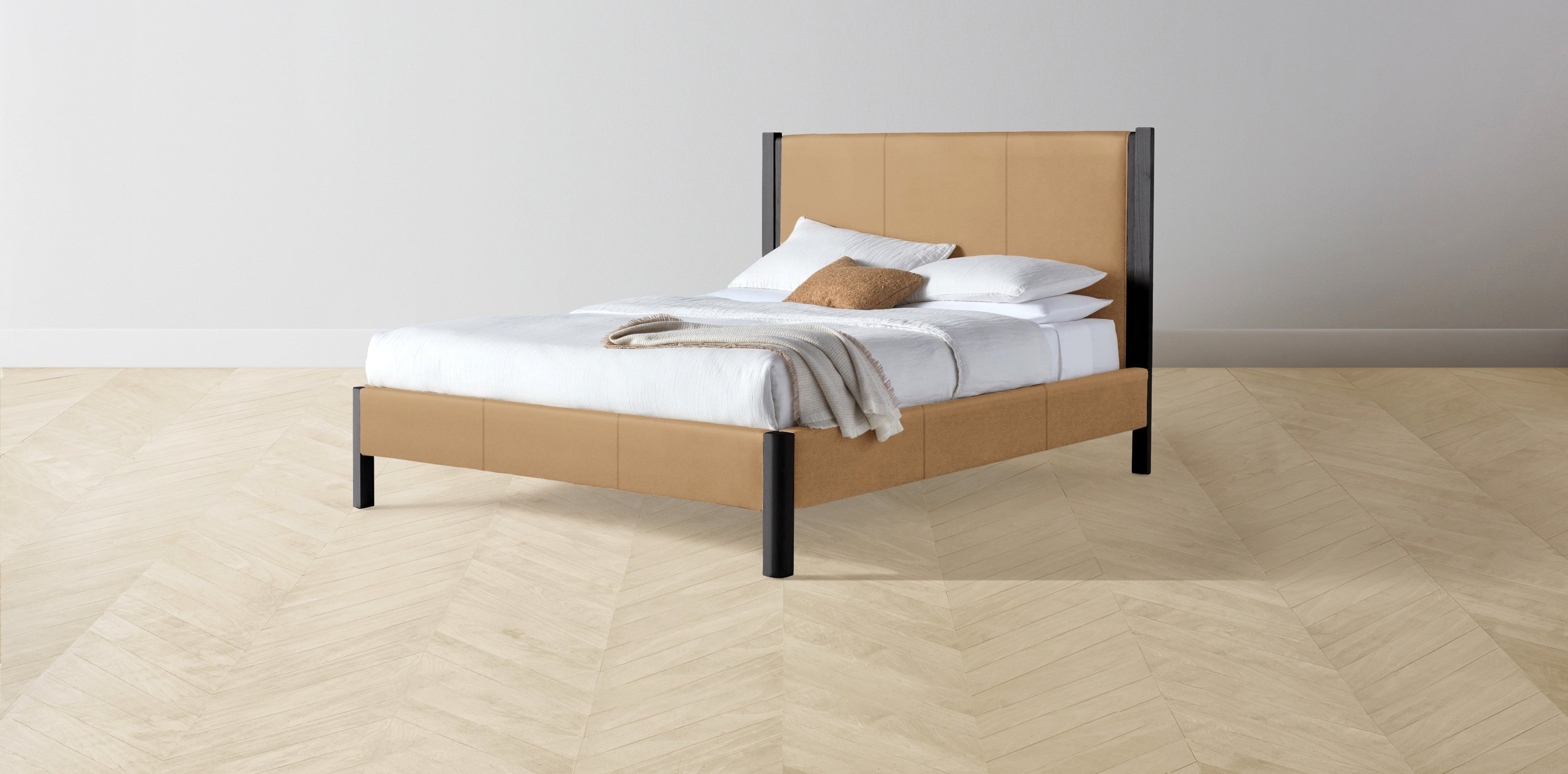 The Thompson  - Pebbled Leather Latte Bed - 48" Headboard - Muslin on reverse