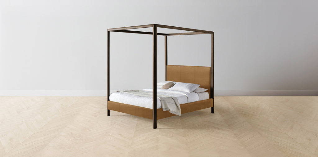 The Thompson  - Nubuck Leather Saddle Canopy Bed - 48" Headboard - Upholstered on reverse
